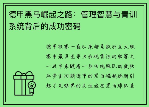 德甲黑马崛起之路：管理智慧与青训系统背后的成功密码