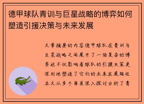 德甲球队青训与巨星战略的博弈如何塑造引援决策与未来发展